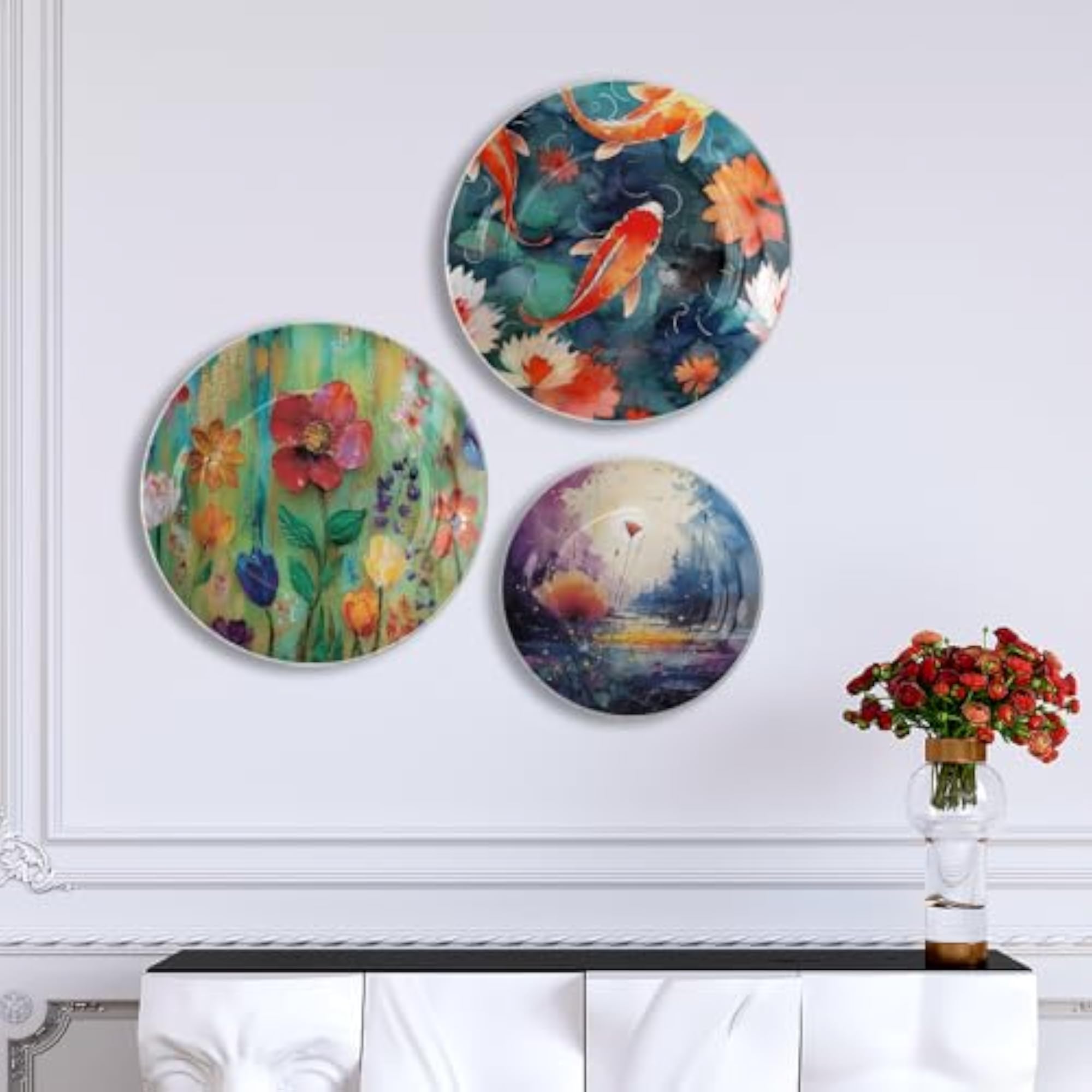 Set of 3 Artistic Koi Fish & Abstract Floral Ceramic Wall Plates