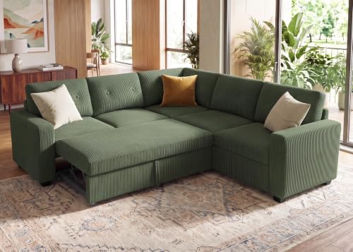 Image of HONBAY Sectional Sleeper Sofa with Pull Out Bed, Convertible 5 Seaters L Shaped Corduroy Sectional Couch for Living Room, Green