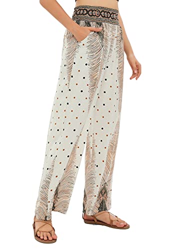 Urban CoCo Women's Elastic High Waist Boho Floral Print Pants Palazzo Wide Leg Lounge Pants3