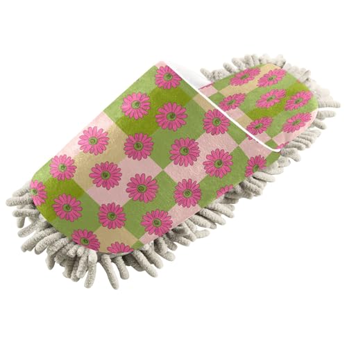 Kigai Flowers on Checkerboard Mop Slippers for Floor Cleaning, Slippers for Women Men, Microfiber Floor Cleaning, L