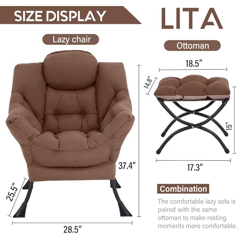 Image of LITA Lazy Chair with Ottoman, Modern Accent Leisure Upholstered Sofa Chair, Contemporary Lounge Reading Chairs with Armrests and a Side Pocket for Living Room, Bedroom & Small Space, Dark Brown