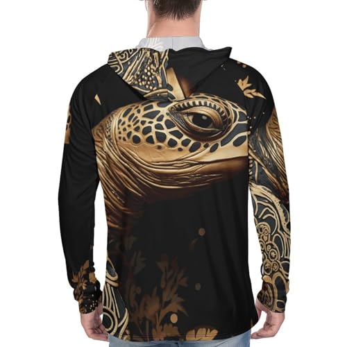 Men's Sun Shirts UPF 50+ Rash Guard Long Sleeve Sun Protection Hoodie Black and Gold Sea Turtle Pattern Lightweight Shirt M3