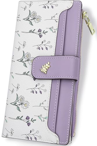 Image of Farcauo Wallet Women Slim Wallets for Women with RFID Blocking Cute Thin Purple Women's Wallet Kawaii Flower Womens Ladies Card Holder Wallets