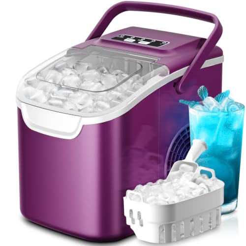 Image of Countertop Portable Ice Maker Machine with Handle, 8 Bullet-Shaped Ice Cubes Ready in 6 Mins, 26Lbs /24H, Self-Cleaning Function with Ice Scoop and Basket for Home /Kitchen /Party (Purple)