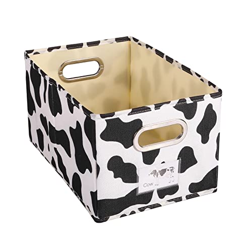 Anminy Fabric Storage Bin Cow Print Cotton Linen Foldable Open Storage Basket Box With Handles Pp Plastic Board Label Window Pocket Decorative Washable Desktop Closet Shelf Organizer Container - Small #TOP1