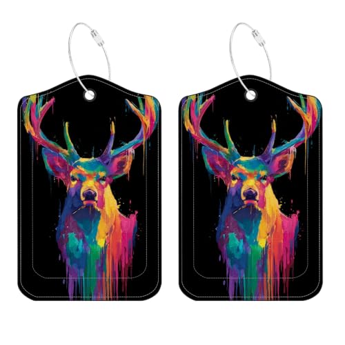 Image of Neon Deer Luggage Tags 2 Pack, PU Leather Privacy Flap