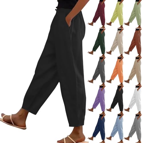 Womens Cotton Linen Palazzo Pants Drawstring Elastic Waist Casual Beach Pants Summer Wide Leg Trousers with Pockets