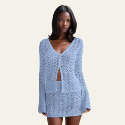 Women Crochet 2 Piece Outfits Set Swimwear Cover Up Flared Long Sleeve Button Down Tops Beach Mini Skirt Vacation Outfits4