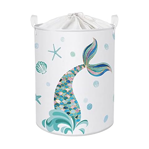 45L Adorable White Mermaid Laundry Basket for Children Waterproof Foldable Round Toy Clothes Storage Basket Cover