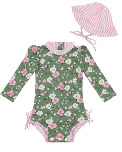 Image of ALVA Girls' One Piece Swimsuit with Hat, Baby Rash Guard Sets,Long Sleeve Zipper UPF 50+ Sun Protection Bathing Suit
