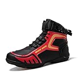 Hqyxh0317 Klassische, atmungsaktive Nicht rutschfeste Motorradstiefel, Gummi-Sohle-Schlupf, wetterfester Fahrerstiefel(Red,45 EU)