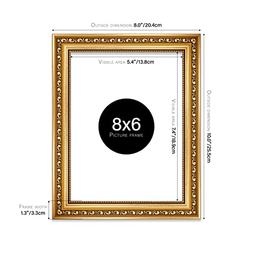 Almost Frameless 8x6 Gold Ornate Picture Frame 8"x6"(20.3x15.2cm) Poster, Photo, Artwork, or Print. Antique Style Portrait and Landscape Display with Wall Hooks