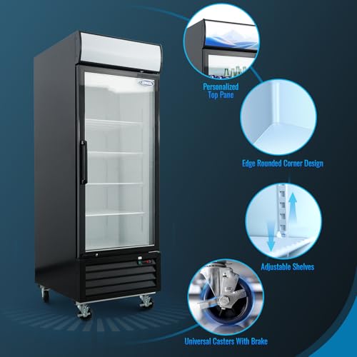 Image of Erivess 20 Cu.Ft Commercial Reach-In Display Upright Freezer, -8 to -1℉ | Merchandiser Freezer with Triple-Pane Single Glass Door, Auto Defrost, LED Top Panel for Restaurants, Cafes, Stores