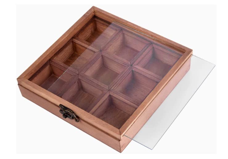 KAM Home Wooden Spice Rack Organiser and Masala Dabba Style Spice Storage Box with Lid. 9 Compartments With a Glass Lid (1248548)
