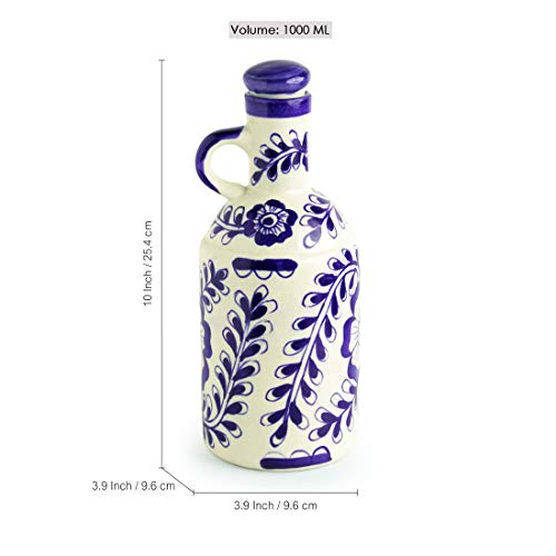 Image of ExclusiveLane The 'Flowy Flora' Mughal Hand-Painted Ink Blue Decorative Ceramic Oil Bottle (1000 Ml) -Cooking Oil Dispenser Containers Vinegar Oil Dropper Can Handled Nozzle Oil Pot Stoppers & Pourers