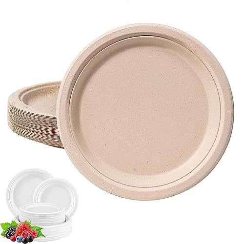 YAAVAAW Disposable Paper Plates Brown 6inch/15cm,Super Rigid Bagasse Eco-Friendly Compostable Biodegradable Plate,50Pack Sturdy Sugarcane Party Strong Heavy Duty for Hot/Cold Food