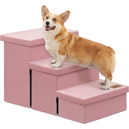Zerbuger Dog Stairs with Storage, Pink 3 Steps Dog Ramp no Condo for Bed