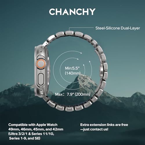 Image of CHANCHY Titanium Band Compatible with Apple Watch Ultra 3 /2 /1 Band 49mm 46mm 45mm 44mm 42mm, Luxury Band Titanium Silicone Dual-Layer Link for Men iWatch Series 11 10 9 8 7 6 5 4 SE