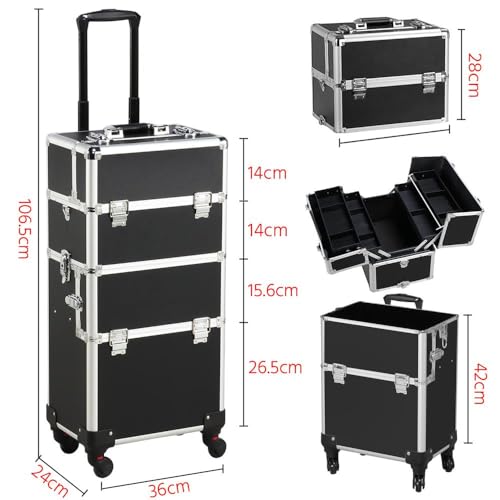 Foto von Yaheetech 3 in 1 Friseurkoffer Alu Kosmetikkoffer Trolley Beautycase Koffer Trolley mit Schlösser und Tragegurt, Schwarz
