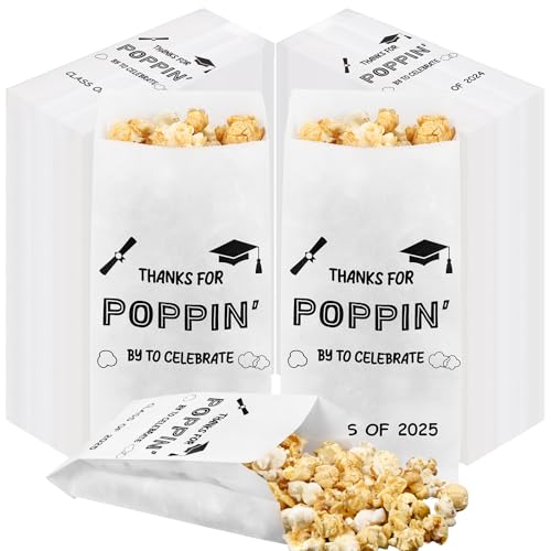 Sunnychicc 200 Pcs Class of 2025 Popcorn Bags Graduation Party Favors Snack Goodie Cookie Bags Grease Resistant Paper Individual Servings for Graduation Party Favors Pop Corn Bag(White)