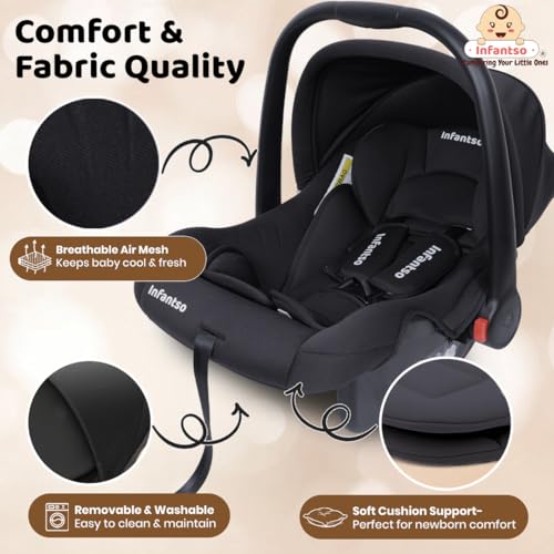 Image of Infantso (4-in-1) Baby Carry Cot (ECE R44 /04 Certified), Car Seat, Feeding Chair & Rocker for Infant Babies of 0 to 15 Months | Adjustable Handle, Canopy, Washable Cover | Baby Car Seat with 3-Point Safety Harness - Upto 13 Kgs (Black)