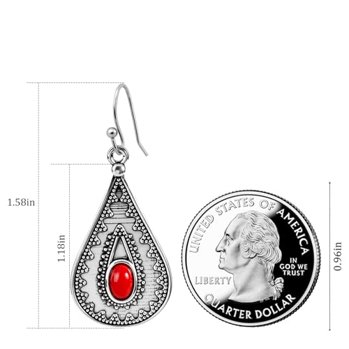 Boho Drop Earrings with Red Stone – Silver Teardrop Earrings Featuring Oval Gemstone & Intricate Detailing, Vintage Inspired Boho Jewelry for Women3