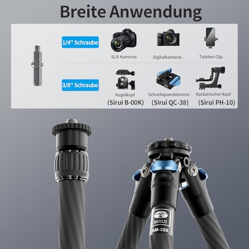 SIRUI AM-223+SL-100 Mini Carbon Tisch Stativ mit ausziehbarer Mittelsäule,Leicht Foto Ministativ Tischstativ für Kameras, Drehverschlüsse, Spikes, max. 660mm eingezogen 215mm, Tragkraft 12kg