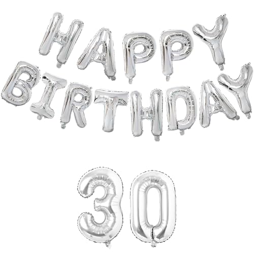 Image of Flyloons 30th Silver Happy Birthday Foil Balloon Set for 30 Year Old Boys Girls Men Women | with Number Thirty | 13 Letters Reusable Happy Birthday Metallic Foil Balloons Decoration Kit,15 piece