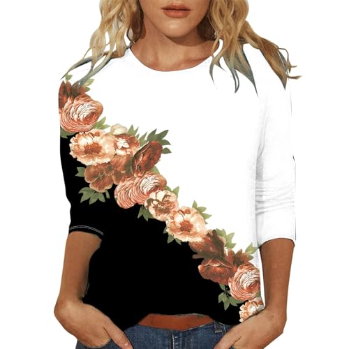 CGGMVCG Camisetas de ajuste holgado para mujer, cuello redondo, estampado floral, estilo casual, tres camisetas de verano para mujer, manga 3/4, naranja, XXL