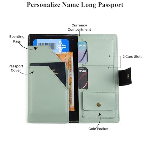 Image of AICA Personalized Name & Charm Long Leather Wallet Passport Cover (Mintgreen) with Passport, Boarding Pass, Currency, Card Slot & Coin Holder for Men & Women | Diwali Gifts for Family and Friends