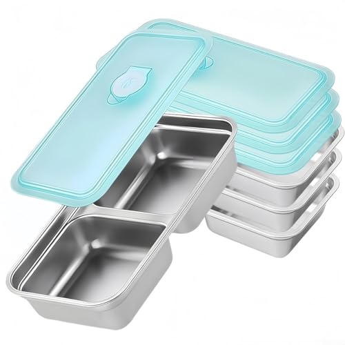 4 recipientes para aperitivos, caja de alimentos pequeña de acero inoxidable, doble compartimento con tapa, para oficina al aire libre