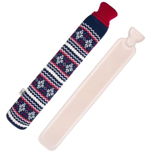 HomeTop Premium 2.25 Liters Rubber Hot Water Bottle w/Soft Navy Blue Snowflake Knit Cover （Navy Blue