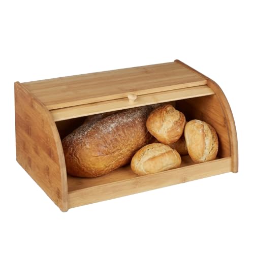 Relaxdays Brotkasten Bambus HBT: 16,5 x 40 x 27,5 cm Rollbrotkasten für aromadichte Brot Aufbewahrung Brotkiste mit Rolldeckel als Brottrommel oder Brotwächter für Brötchen und Gebäck, natur