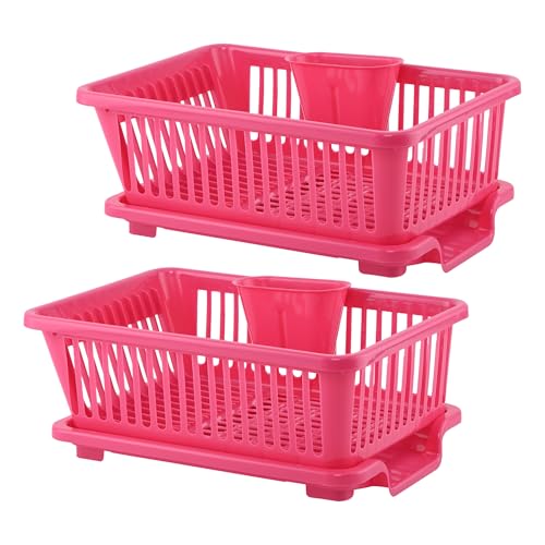 Image of Kuber Industries 2 Pcs Plastic Sink Dish Drainer Rack | 3 in 1 Large Durable Drainer Drying Rack Washing Basket with Tray | Home & Kitchen Dish Rack Organizers, Utensils Tools Cutlery - Pink