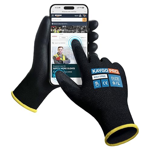 Image of Work Gloves PU Coated for Men and Women, 60 Pairs Safety Work Gloves with Two Fingers Touchscreen, Breathable and Lightweight,Ideal for Light Warehouse, Manufacturing, Gardening, KG11P (L, Black)