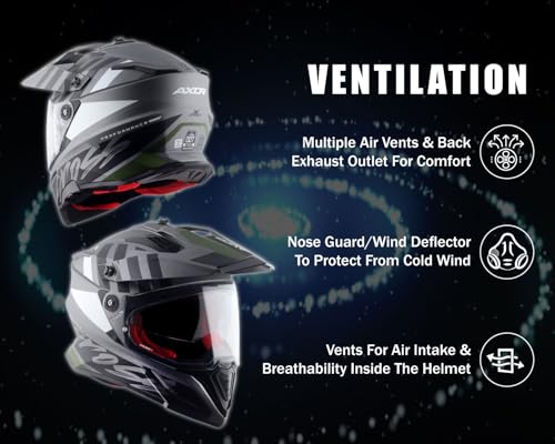 Image of Axor X-Cross Orbit ISI ECE and DOT Certified Premium Off-Road Full Face Helmet with Pinlock Fitted Dual Visors and Stylish Peak-Dull Athena Grey Black-L