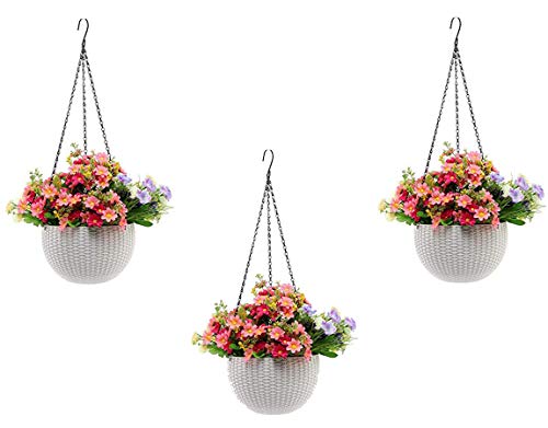 Image of Go Hooked Plastic Hanging Pot, White, Pot Diameter-7.1 Inch, Pot Height-4.8 Inch, Pot Thickness-3 mm, Chain Length-13 inch Approx., 3 Pieces (RATTANWHT-3PCS)