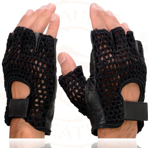 Image of Milwaukee Leather SH198 Men's Black Flame Embroidered Fingerless Gloves with Gel Palm | Padded Comfort; Vibration Relief; Flame Embroidery