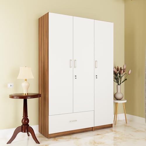 Image of VIKI Wardrobe |Wooden Almirah for 3 Door Wardrobe with 1 Drawer & Hanging Space (Walnut |White - 40D x 120W x 180.8H) | 1 Year Warranty | Free Assembly