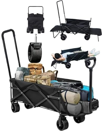 Wagon Trolley Cart Folding Wagon 335L Wagon Cart Large Volume Adjustable Wagon Cart Outdoor Trolley Cart with Big Wheels Lounge & Seating HeavyDuty Steel Frame for Shopping Camping Picnic Garden