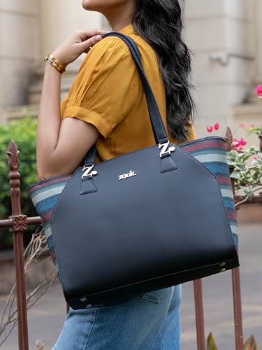 Image of ZOUK Printed Jute Handcrafted Vegan Leather Black Women's Check-point Friendly Classic Business Bag