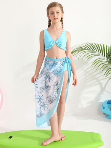ESHOO Girls Swimsuits 3 Piece Bikinis Sets with Cover Up Skirt Warp Bathing Suit Beach Swimwear for Teen Girls 10-14 Years2