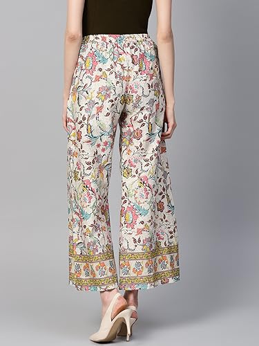 Image of Yuris Women Beige Pink Printed Wide Leg Palazzos -