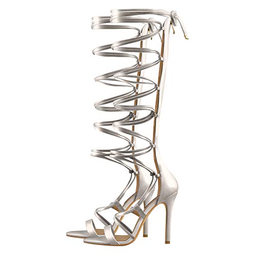 Image of LISHAN Womens Gladiator Knee High Sandals Open Toe Lace Up Criss Cross Strappy Stiletto Heels