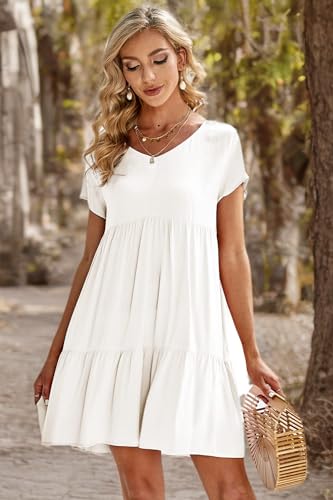 Image of Fangetey Women's V-Neck Tunic Dresses Short Sleeve Button Down Loose Casual Summer Short Flowy Swing Dress 0-White Large
