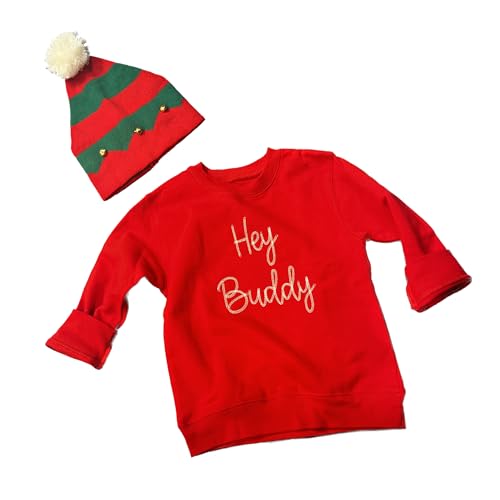 Hey Buddy Embroidered Red Youth Sweatshirt Striped Elf Beanie, Kids Buddy Elf Crewneck Santa Elves Beanie