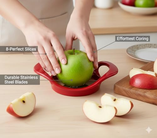 Image of ADD2CART Apple Slicer Cutter with 8 Blades, Red Plastic and Stainless Steel, 19 cm