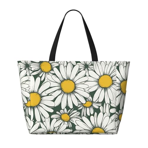 Fashion White Daisy Print Beach Bag Waterproof Beach Totes Bags For Women, Lightweight Foldable Pool Bag With Zipper Wet Compartment2