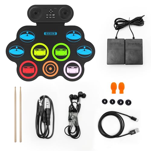 Image of Portable Electronic Drum Pad Set - 9 Pads Roll up Drum Practice Pad with Pedals & Stick, Headphone, Jack in Drum Set Kit for Kids and Adults, Great Holiday Christmas & Birthday Gift
