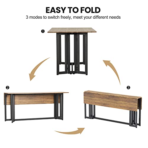 Ikifly Modern Folding Dining Table, Drop Leaf Tables For Small Spaces, Metal And Wood Convertible Console To Dining Table, Space Saving Design - Light Brown #TOP3